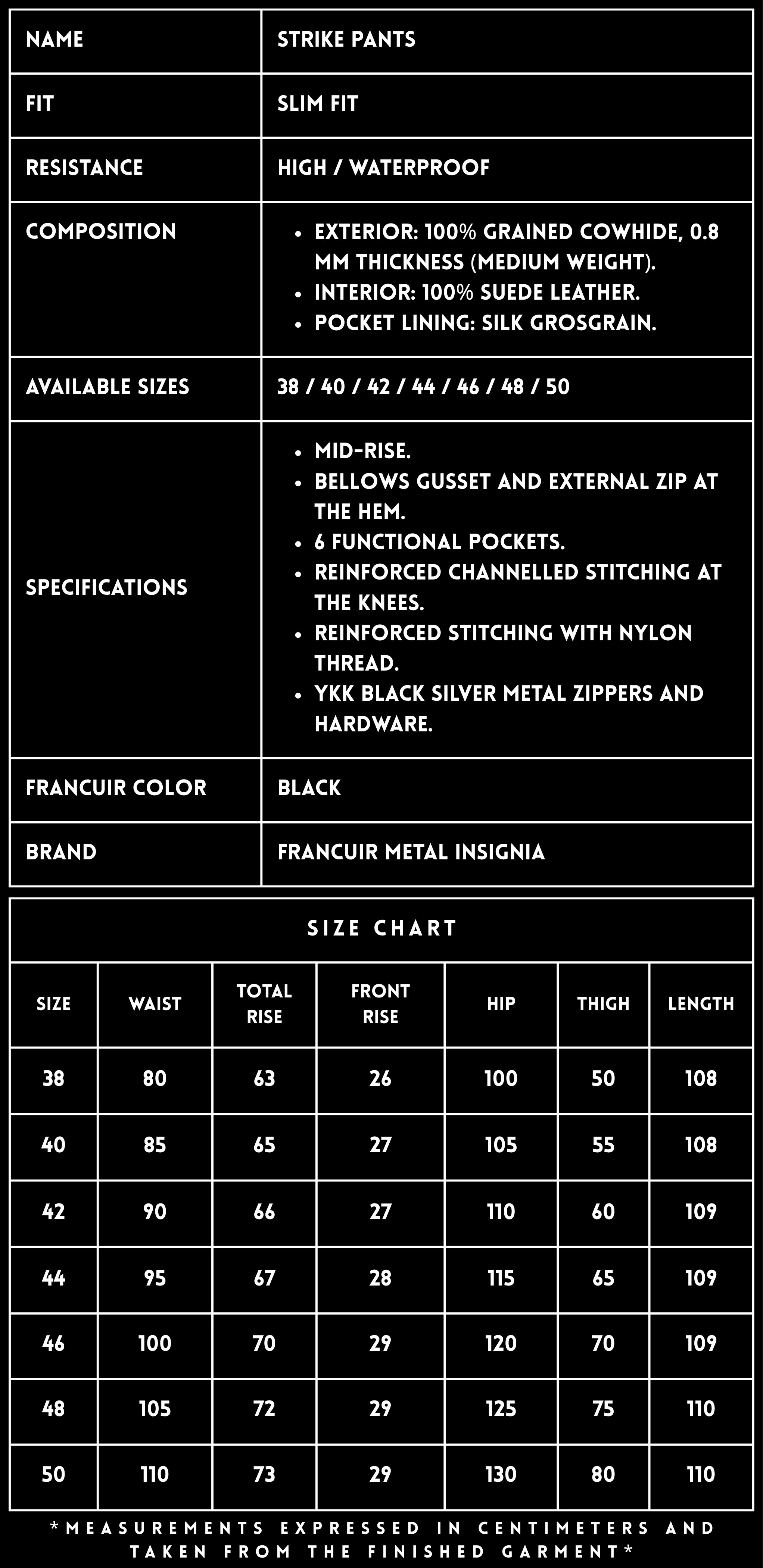 TECHNICAL SPECIFICATIONS &mdash; STRIKE BLACK LEATHER PANTS | FRANCUIR